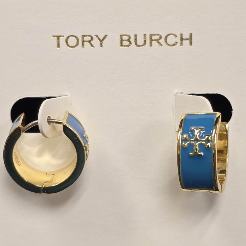 Tory Burch Kira Gold/Blue Huggie Earrings